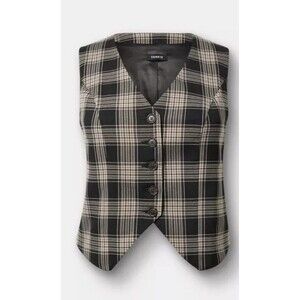 Torrid Stretch Twill Fitted Vest Elation Plaid Deep Black Tan Academia NWT 1X